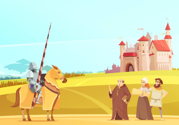 medieval illustration Medieval life scene with horseman in full body armor suit and castle on background cartoon vector illustration bishop clergy stock illustrations