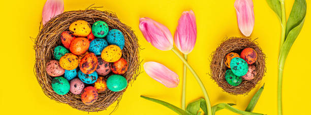 istock Stylish background with colorful easter eggs isolated on yellow background with pink tulip flowers. Flat lay, top view, mockup, overhead, template 1201201111