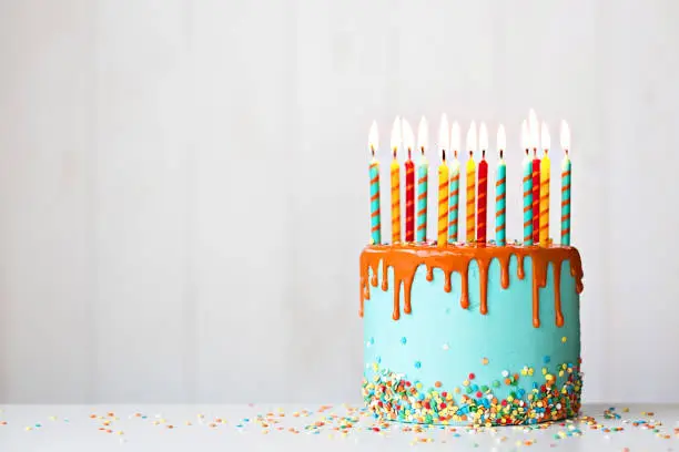 Photo of Birthday cake with candles and drip icing