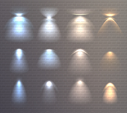 Set of light effects of blue and yellow color on brick wall background isolated vector illustration