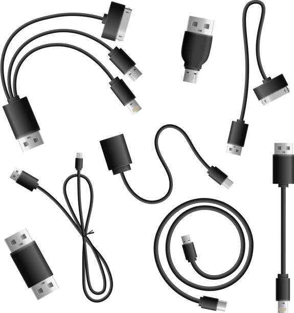 ilustrações, clipart, desenhos animados e ícones de tipos realistas de conectores de cabos adaptadores - cable symbol computer cable telephone