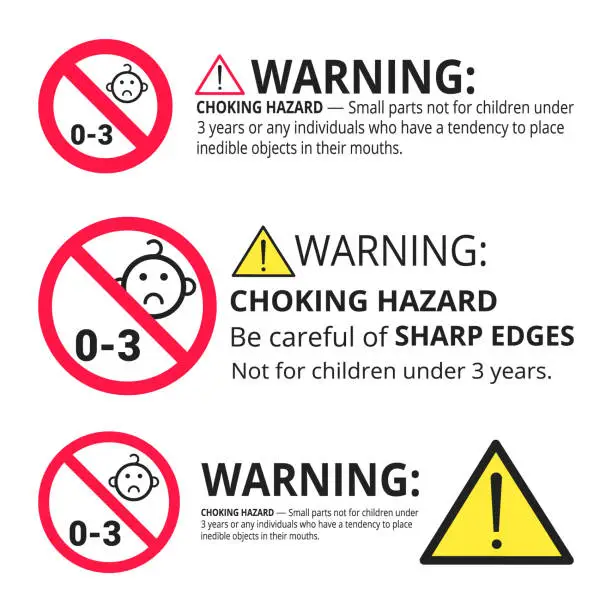 Vector illustration of Not suitable for children under 3 years choking hazard forbidden signs set stickers isolated on white background vector illustration. Warning triangle and exclamination mark, sharp edges.