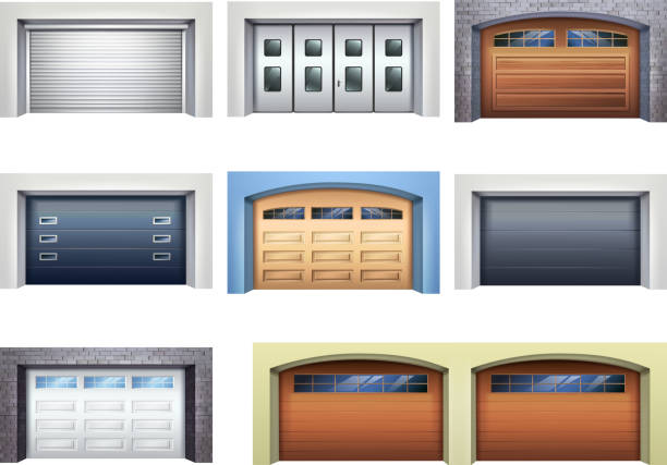 garage door set realistic Set of realistic garage doors from various material with mechanical or automatic control system isolated vector illustration brick house isolated stock illustrations