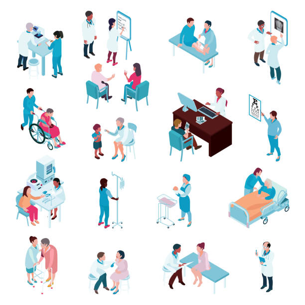 isometric doctors nurses set Medical care isometric set of doctors and nurses working with patients in hospital departments vector illustration roentgen stock illustrations