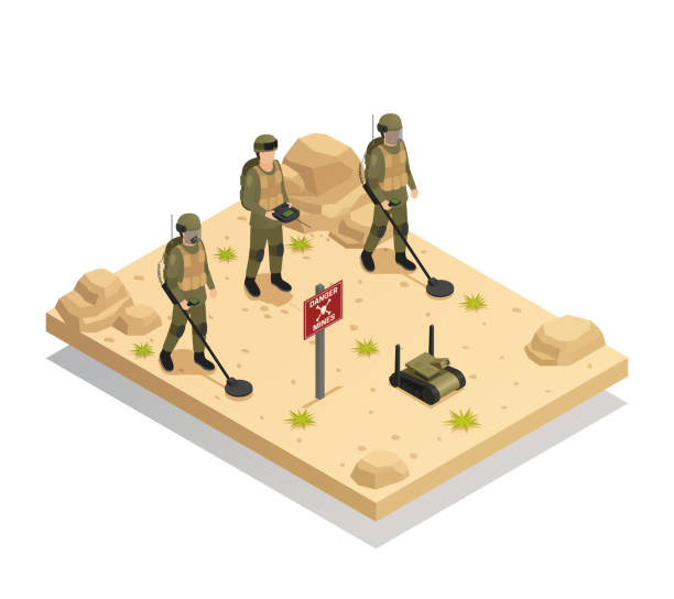 military robots isometric composition Military landmine clearing equipment with automated  demining robots isometric composition of mines detecting and removal vector illustration land mine stock illustrations