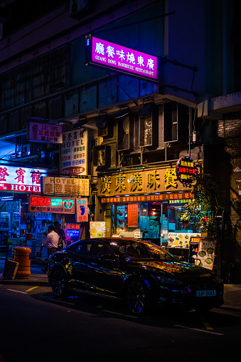 Colorful neon night street road in Hongkong travel landmark in HONG KONG Mongkok distract 11 April 2018