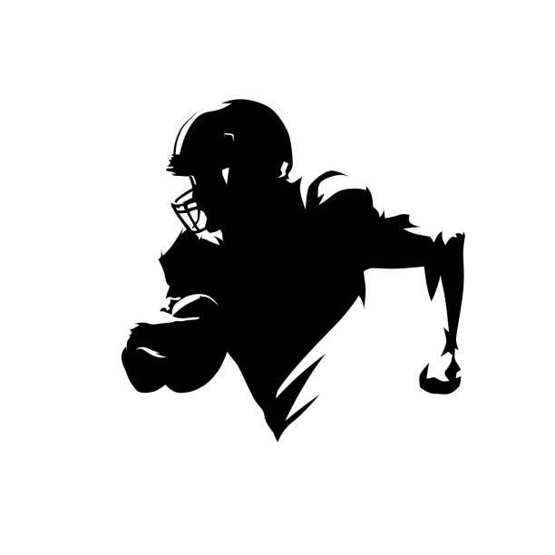 американский футболист бежит с мячом, изолированным векторным силуэтом. рисунок чернил - sport university football player action stock illustrations