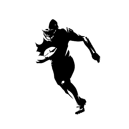 American football player running with ball, isolated vector silhouette. Front view, ink drawing