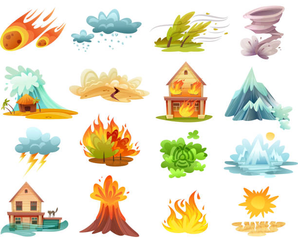 стихийных бедствий мультфильм набор - natural disaster glacier iceberg melting stock illustrations