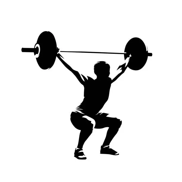Vector illustration of Weightlifting squats, strong woman litfs big barbell, isolated vector silhouette. Ink drawing