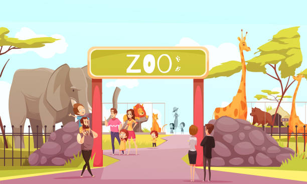 zoo gate illustration Zoo entrance gates cartoon poster with elephant giraffe lion safari animals and visitors on territory vector illustration building entrance illustrations stock illustrations