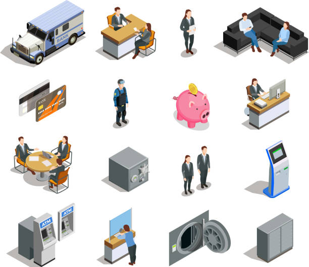 bank set isometric Bank isometric elements collection with customer service financial analyst bookkeeper credit card armored truck  isolated vector illustration file clerk stock illustrations