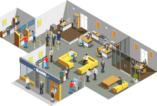 bank isometric composition Bank offices interior with customers in waiting area and accounting clerks attending clients isometric composition vector illustration exchange teller stock illustrations