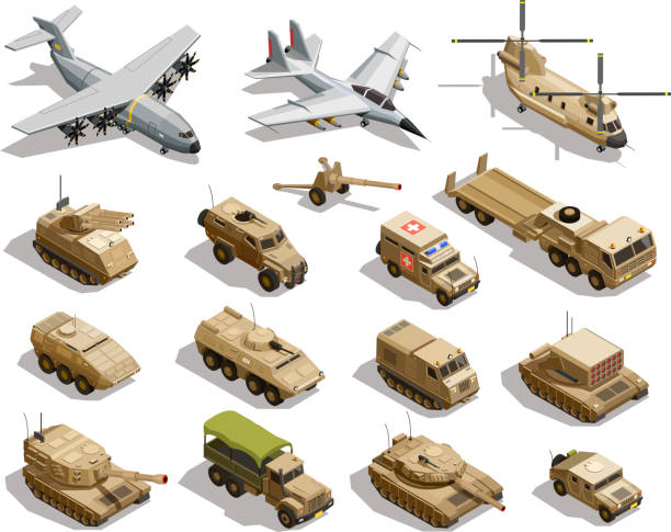 wojskowy zestaw izometryczny pojazdów wojskowych - off road vehicle obrazy stock illustrations