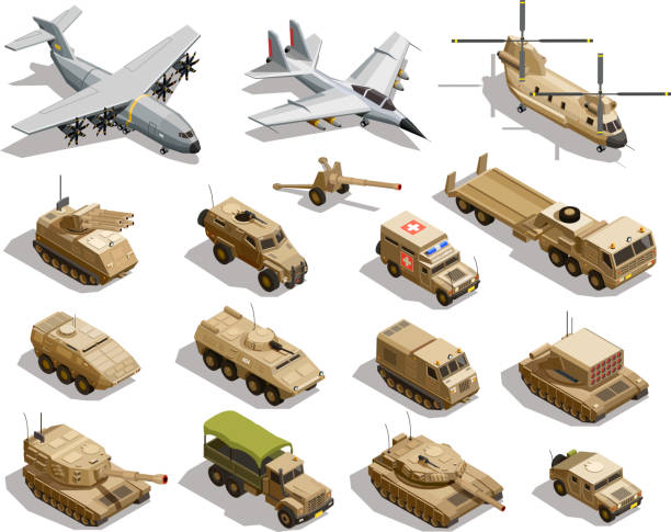 army military vehicles isometric set Army transport isometric icons collection with cargo aircraft helicopter fleet fighter tanks military vehicles isolated vector illustration infantry stock illustrations