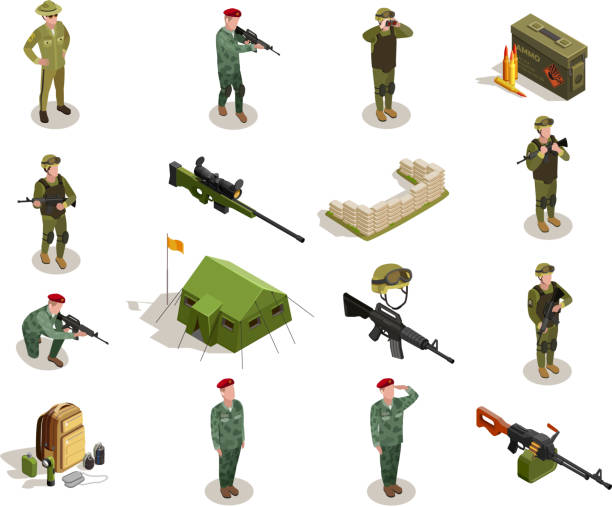 army military solider isometric set Army personnel military kit personal belongings ammunition weapon isometric icons collection with servicemen in uniform isolated vector illustration soldier stock illustrations
