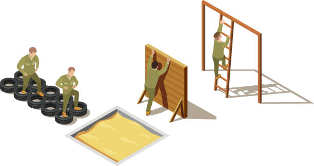 army military vehicles isometric 2x2 Military personnel primary recruit physical training drills with tire-based and climbing exercises isometric composition vector illustration soldier on the wall stock illustrations