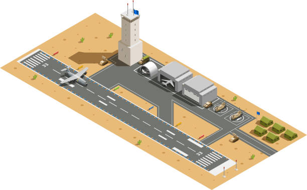 army military vehicles isometric composition Military air force base army facilities with hangars  helicopters vehicles and landing aircraft isometric composition vector illustration military base stock illustrations