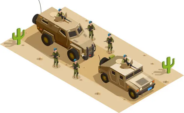 Vector illustration of army military vehicles isometric composition