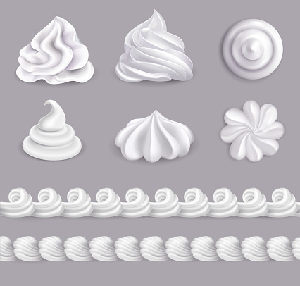 Whipped cream realistic set in different shapes isolated vector illustration
