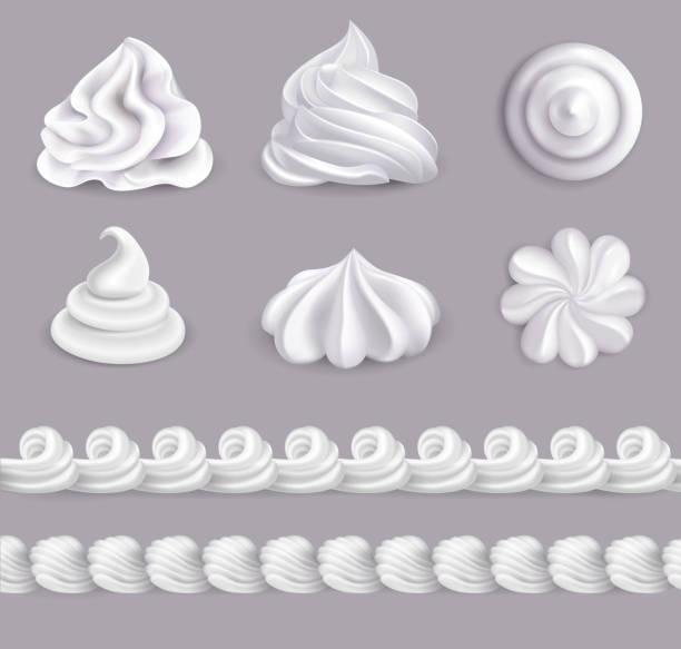whipped cream realistiic Whipped cream realistic set in different shapes isolated vector illustration whipped food stock illustrations