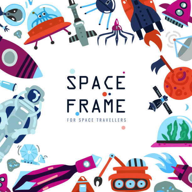 space frame Flat design frame with outer space vehicles equipment cosmonaut and funny aliens on white background vector illustration astronaut borders stock illustrations