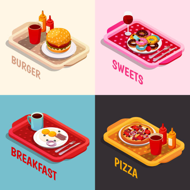 izometryczne gotowanie żywności 2x2 - breakfast bacon food tray stock illustrations