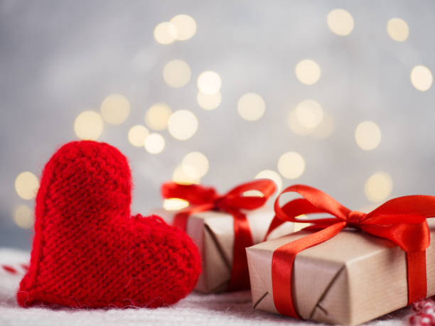 istock Red soft heart and gift box. Valentine's day greeting card 1201207126