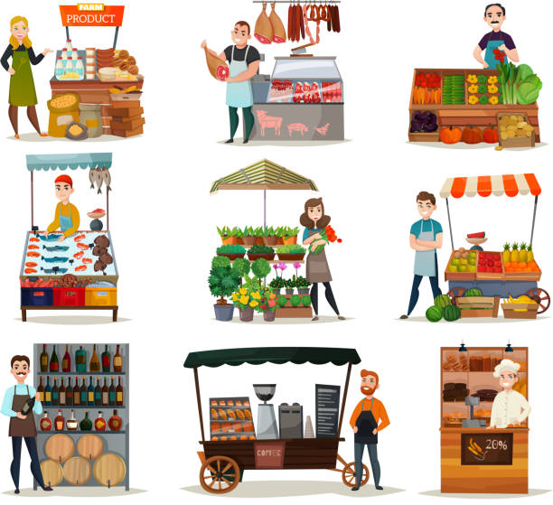 illustrations, cliparts, dessins animés et icônes de ensemble de vendeurs - butchers shop list menu price