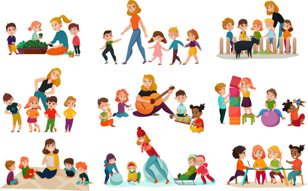 ilustrações, clipart, desenhos animados e ícones de conjunto jardim de infância - people recreational pursuit exercising physical activity