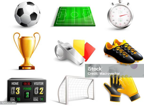 Voetbal Pictogrammen Set Stockvectorkunst en meer beelden van Voetbal - Teamsport - Voetbal - Teamsport, Driedimensionaal, Voetbal - Bal