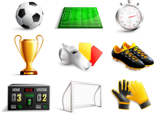 soccer icons set Soccer set of 3d icons with field, ball, trophy, scoreboard, whistle, gloves and boots isolated vector illustration football boot stock illustrations