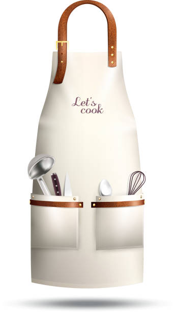 realistic apron cook Realistic white cook apron with lettering, culinary utensils in pockets, loop from brown leather isolated vector illustration leather clasp stock illustrations