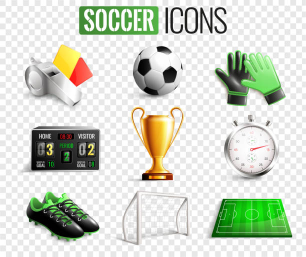 soccer icons detailed transparent set Soccer set of icons with referees objects, goal, trophy, ball, boots isolated on transparent background vector illustration football boot stock illustrations