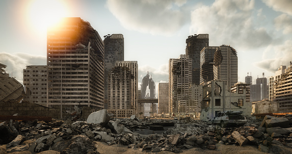Digitally generated post apocalyptic scene depicting a desolate urban landscape with buildings in ruins and lots of rubble through the city streets.

The scene was rendered with photorealistic shaders and lighting in Autodesk® 3ds Max 2020 with V-Ray Next with some post-production added.