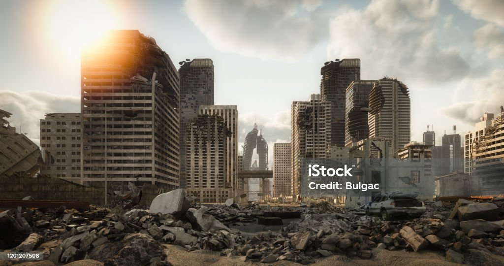 Destroyed Cityscape Digitally generated post apocalyptic scene depicting a desolate urban landscape with buildings in ruins and lots of rubble through the city streets.

The scene was rendered with photorealistic shaders and lighting in Autodesk® 3ds Max 2020 with V-Ray Next with some post-production added. City Stock Photo
