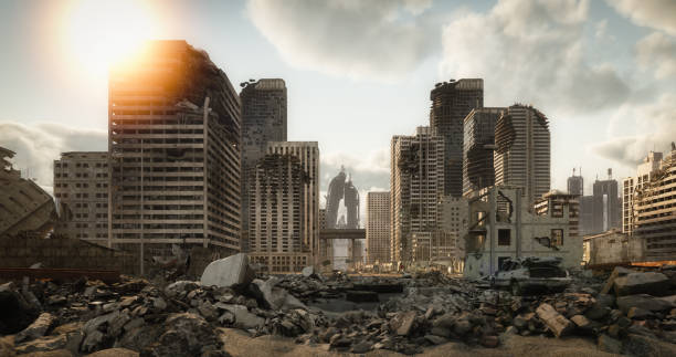 Destroyed Cityscape Digitally generated post apocalyptic scene depicting a desolate urban landscape with buildings in ruins and lots of rubble through the city streets.

The scene was rendered with photorealistic shaders and lighting in Autodesk® 3ds Max 2020 with V-Ray Next with some post-production added. earthquake photos stock pictures, royalty-free photos & images