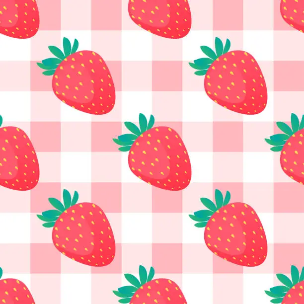 Vector illustration of Strawberry seamless pattern vector illustration. Sweet strawberries on red gingham background