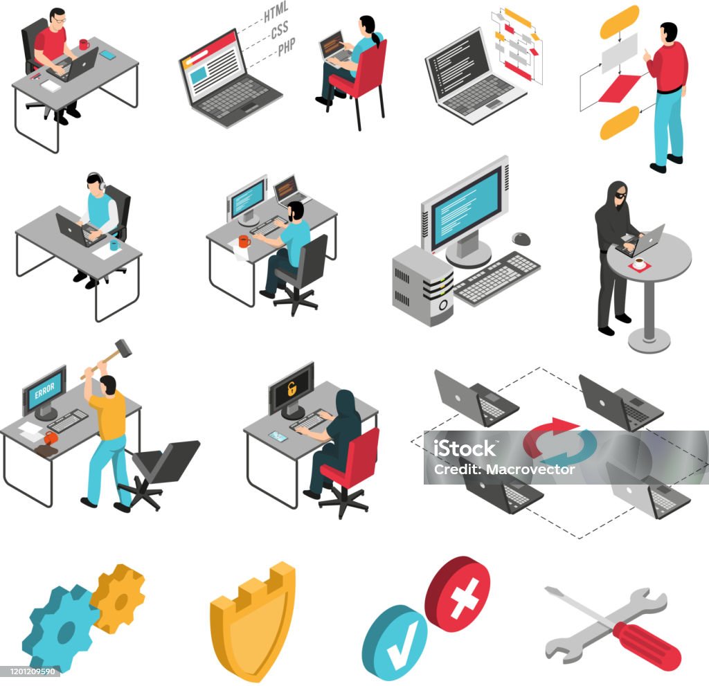 Isometric Programmer Set Stock Illustration - Download Image Now ...