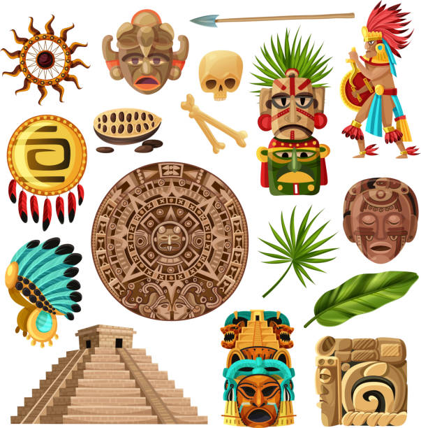 ilustrações de stock, clip art, desenhos animados e ícones de maya cartoon set - mayan pyramids