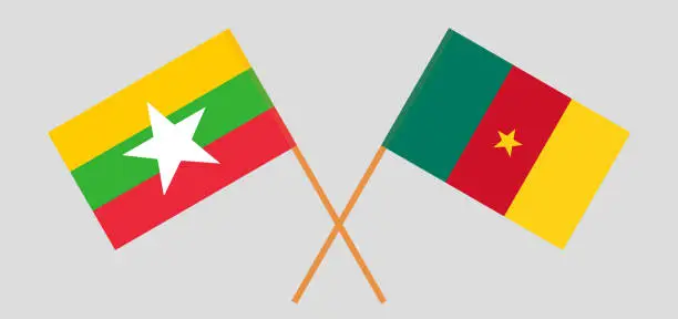 Vector illustration of Crossed and waving flags of Cameroon and Myanmar