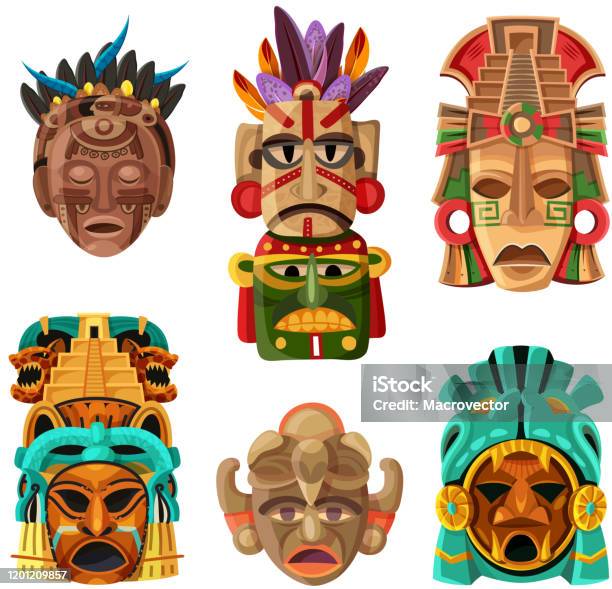 weefgetouw Uitstroom bladeren Maya Cartoon Masker Set Stockvectorkunst en meer beelden van Maya - Maya,  Oudheden, God - iStock