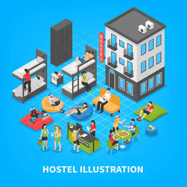 Vector illustration of isometric hostel