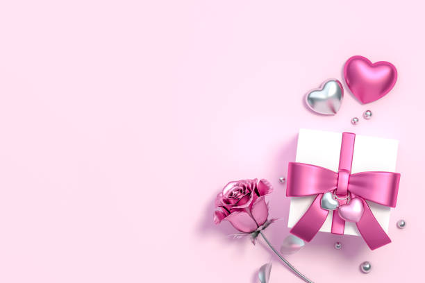 istock Valentines gift box template blank card with metallic pink color roses on pastel background 3d rendering. 3d illustration sweet heart and Valentines Day greeting card template minimal concept. 1201210232