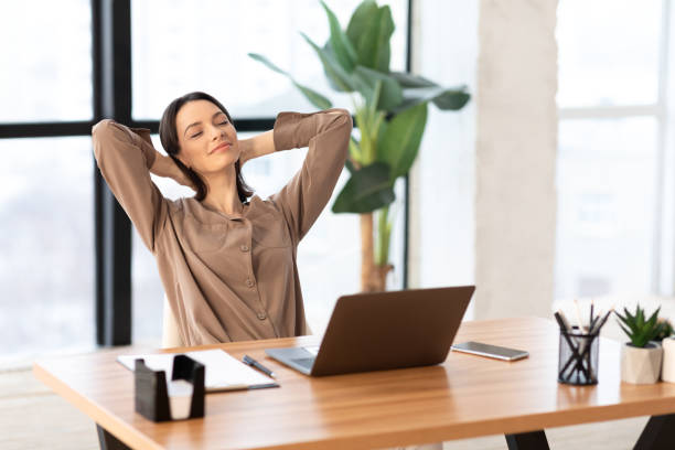 istock Happy manager girl stretching hands at work 1201210325