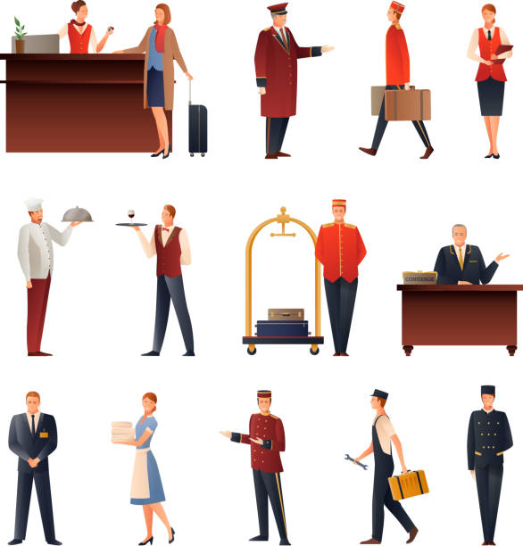 hotel staff gradient flat people Hotel staff set of flat gradient icons with manager, doorman, guard, maid, chef, receptionist isolated vector illustration bellhop stock illustrations