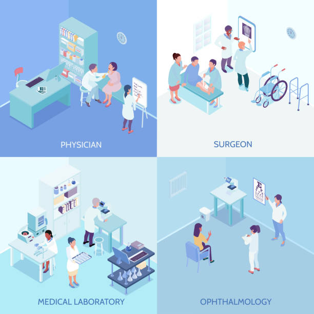 isometric doctors nurses design concept Health care center 2x2 design concept with physician surgeon ophthalmology and medical laboratory square icons isometric vector illustration roentgen stock illustrations