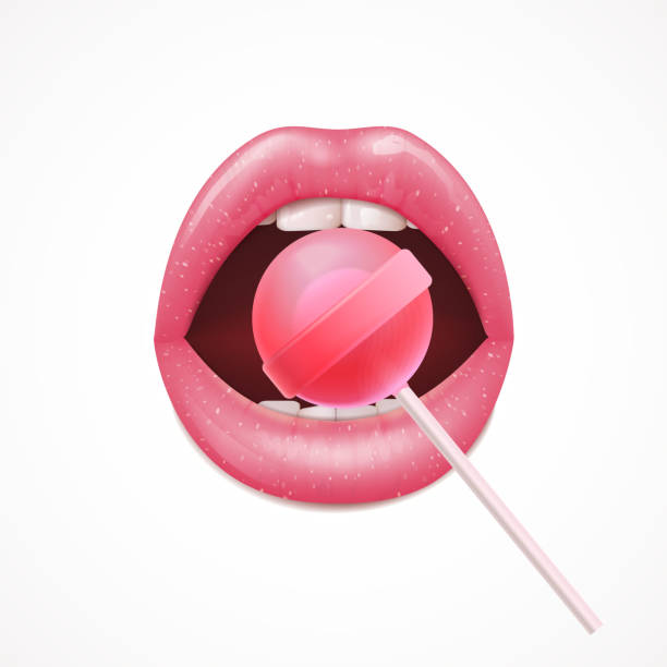 lips with lollipop realistic Female shiny lips with crystal round red lollipop realistic composition on white background vector illustration lollipop lips stock illustrations