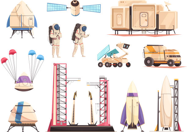 space technology rocket satellites set Space research technology cartoon icons collection with spacecraft launch moon rover astronauts and satellite isolated vector illustration rocket launch platform stock illustrations