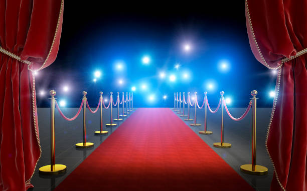 vip entrance with red carpet and curtains - premiere imagens e fotografias de stock